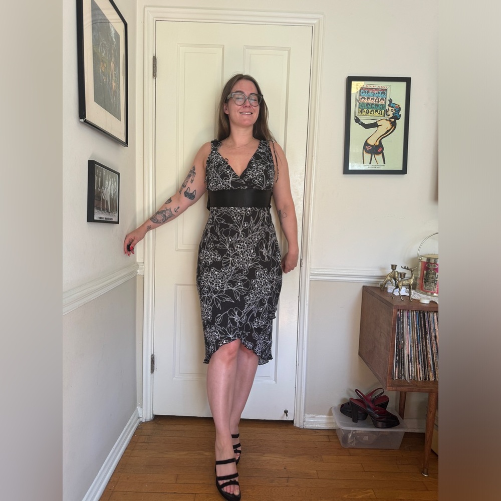 Y2K Vintage Black and White Floral Fairy Dress with Asymmetrical Hem